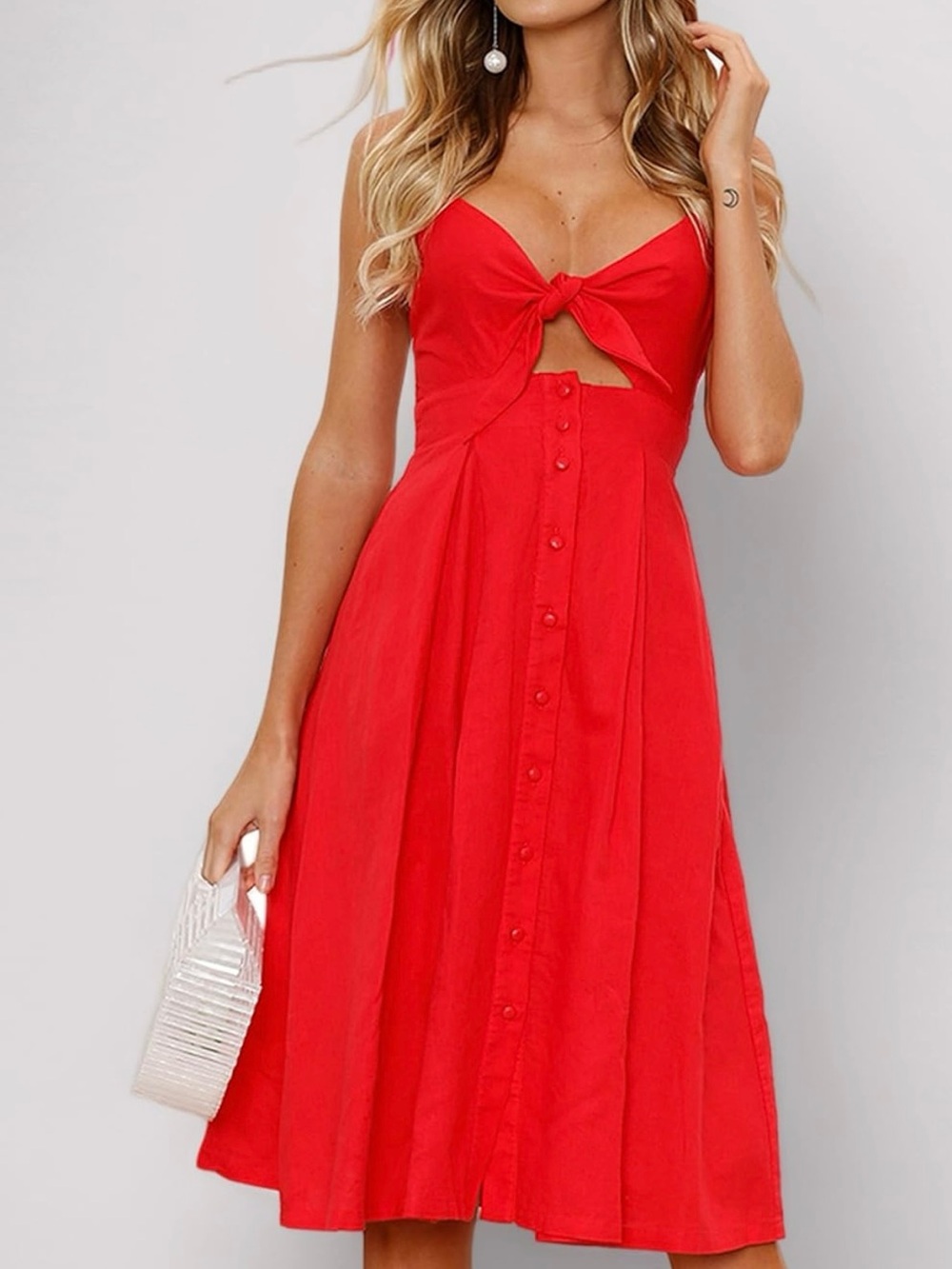 Ecowish Tie Front Red Summer A Line Button Midi Cotton Blend Swing Dress Large